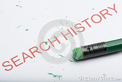 Word `Search History` with Worn Pencil Eraser and Shavings Stock Photo