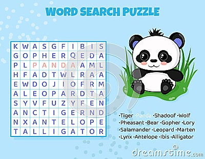 Word search puzzle for kids with Asian animals. Vector Illustration