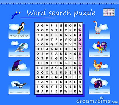 Word search puzzle. Learn and write English names of birds. Educational page for children school textbook. Worksheets for kids. Vector Illustration