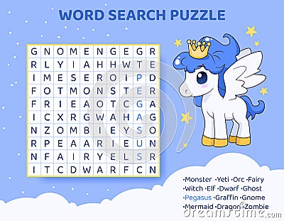 Word search puzzle with magical creatures and animals. Vector Illustration