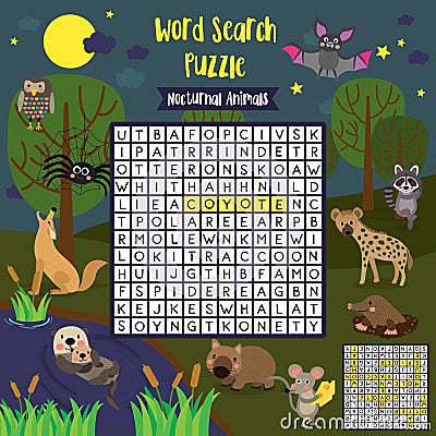 Word search puzzle nocturnal animals Vector Illustration