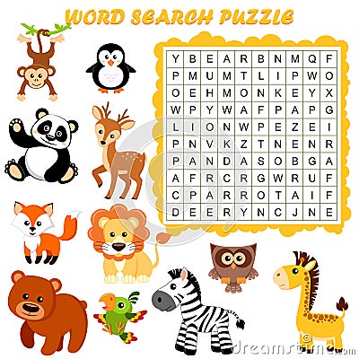 Word search puzzle. Vector education game for children. Animals Vector Illustration