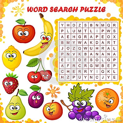 Word search puzzle. Vector education game for children. Cartoon fruits emoticons Vector Illustration