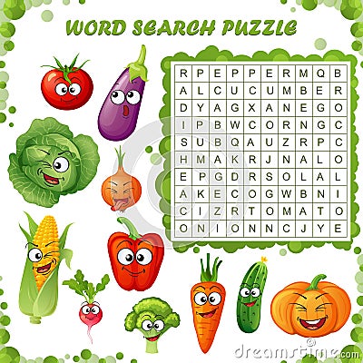 Word search puzzle. Vector education game for children. Cartoon vegetables emoticons Vector Illustration