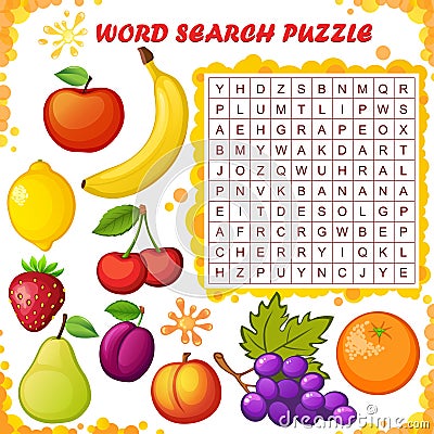 Word search puzzle. Vector education game for children. Fruits Vector Illustration