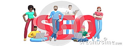 Word seo on white background. Group of young multicultural successful people with laptop, tablet, phone. Horizontal banner cartoon Stock Photo