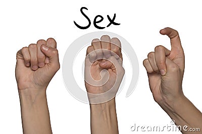 A word of sex shown by hands on an alphabet for the deaf mute on Stock Photo