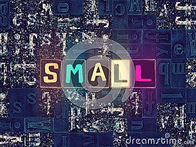 The word Small as neon glowing unique typeset symbols, luminous letters small Stock Photo
