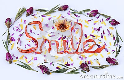 The word Smile spelled out with flowers. Stock Photo