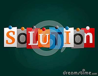 The word Solution made from newspaper letters attached to a blackboard or noticeboard with magnets. Vector. Vector Illustration