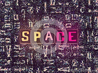 The word Space as neon glowing unique typeset symbols, luminous letters space Stock Photo