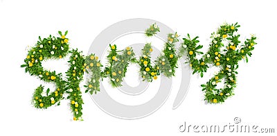 Spring inscription made of grass and flowers, 3D render Stock Photo