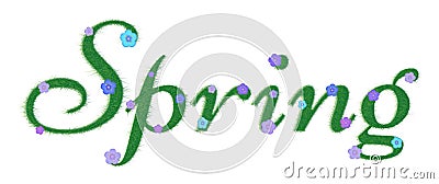 Word is spring, written with green grass and flowers. Vector ill Vector Illustration