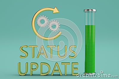 The word status update and gear wheel with arrow on blue background. 3D illustration. Cartoon Illustration
