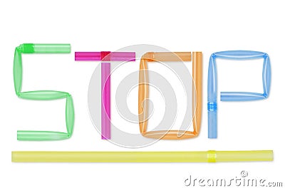 The word Stop written with plastic straws on white background - Concept of ecology and plastic pollution Stock Photo