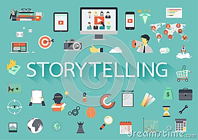 The word STORYTELLING with ling shadow surrounded by concerning flat icons. Vector illustration Vector Illustration