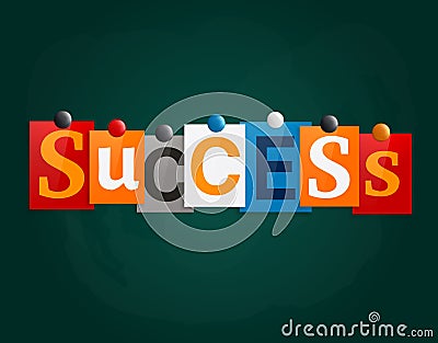 The word Success made from newspaper letters attached to a blackboard or noticeboard with magnets. Vector. Vector Illustration