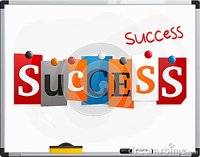 The word Success made from newspaper letters attached to a whiteboard or noticeboard with magnets. Marker pen. Vector. Vector Illustration