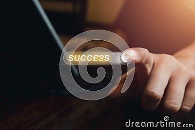 Word SUCCESS on virtual screen with 3d button or tab switch with target icon. Stock Photo