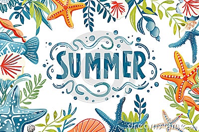 Word 'Summer' surrounded by marine life elements like starfish, seashell, and seaweed. Colorful illustration Cartoon Illustration