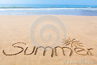 The Word Summer Written in the Sand on a Beach with Drawing of t Stock Photo