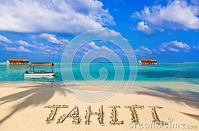 Word Tahiti on beach Stock Photo