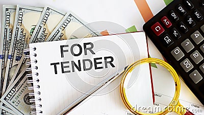 Word writing text FOR TENDER . Business concept with chart, dollars and office tools Stock Photo