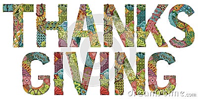 Word THANKSGIVING with falling leaves. Vector decorative zentangle object Vector Illustration