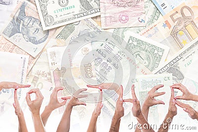 Word together in front of different currencies Stock Photo