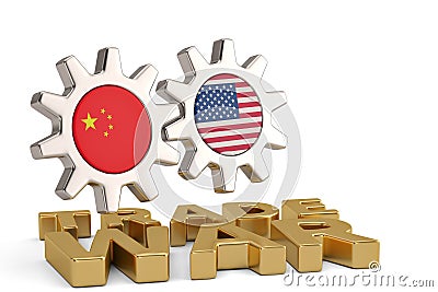 Word trade war with united states and chinese flag isolated on w Cartoon Illustration