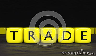 Word trade on yellow cubes in black letters on a black background for article, design. 3d rendering. 3d illustration Cartoon Illustration
