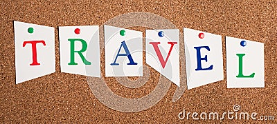 The word travel is standing on pinned paper, vacation in summertime, making an adventure trip Stock Photo
