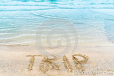 The word Trip is written by hand on the seashore. Stock Photo
