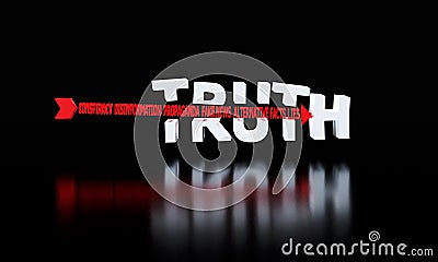 The word truth pierced with an arrow of conspiracy, fake news, disinformation, propaganda, alternative facts, lies Cartoon Illustration