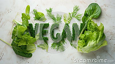 Word Vegan, title text lined up into word made from green lettuce on white table with parsley, spinach broccoli, dill Cartoon Illustration