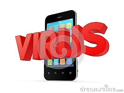 Word VIRUS and modern mobile phone. Stock Photo