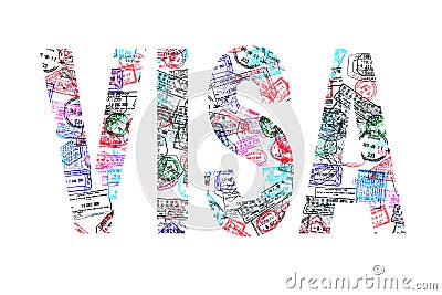 Word visa created with passport stamps on white background Stock Photo