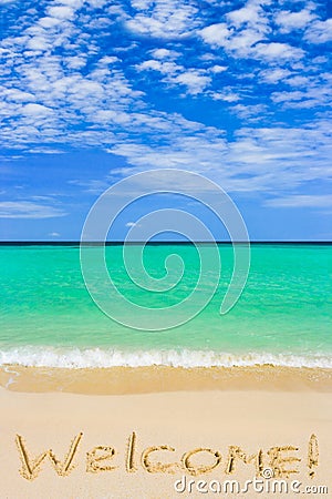 Word Welcome on beach Stock Photo