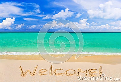 Word Welcome on beach Stock Photo