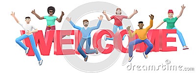 The word welcome on a white background. Group of young multicultural happy people jump and dance together. Horizontal banner Stock Photo