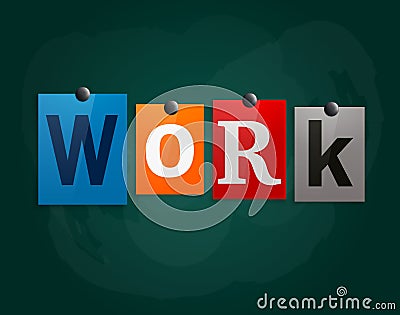 The word Work made from newspaper letters attached to a blackboard or noticeboard with magnets. Vector. Vector Illustration