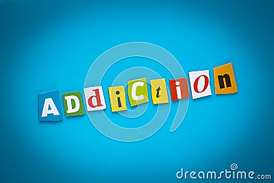 A word writing text - addiction - from colorful letters on a blue background. Headline, card with inscription. Psychologic concept Stock Photo