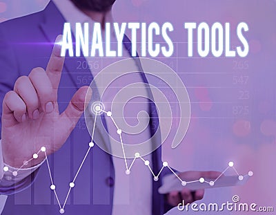 Word writing text Analytics Tools. Business concept for pieces of web application analysis software used to monitor Stock Photo