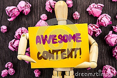 Word, writing, text Awesome Content. Conceptual photo Creative Strategy Education Website Concept written on Sticky Note Holding Stock Photo