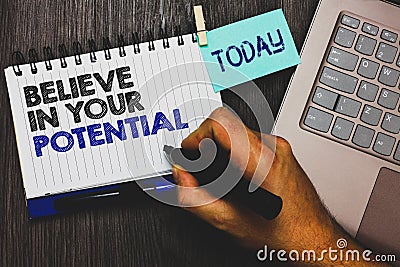 Word writing text Believe In Your Potential. Business concept for Have self-confidence motiavate inspire yourself Paperclip grip s Stock Photo