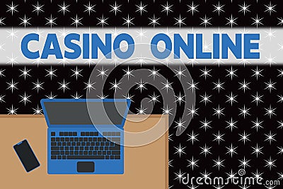 Word writing text Casino Online. Business concept for Computer Poker Game Gamble Royal Bet Lotto High Stakes Upper view Stock Photo