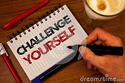 Word writing text Challenge Yourself. Business concept for Overcome Confidence Strong Encouragement Improvement Dare Hand grasp bl Stock Photo