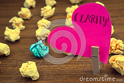 Word writing text Clarity. Business concept for Certainty Precision Purity Comprehensibility Transparency Accuracy Clothespin hold Stock Photo