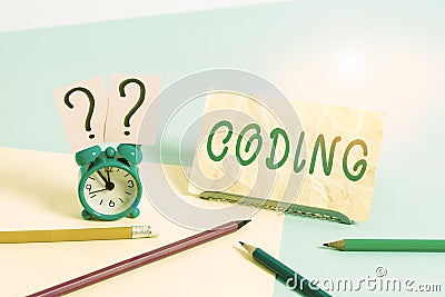 Word writing text Coding. Business concept for assigning code to something for classification identification Mini size alarm clock Stock Photo