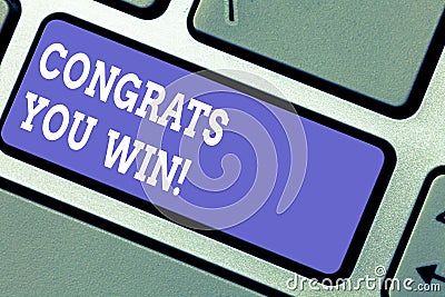 Word writing text Congrats You Win. Business concept for Congratulations for your accomplish competition winner Keyboard Stock Photo